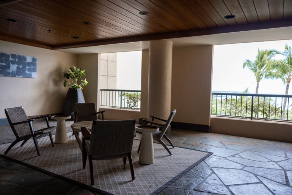 A living room with a timber ceiling opening onto a terrace